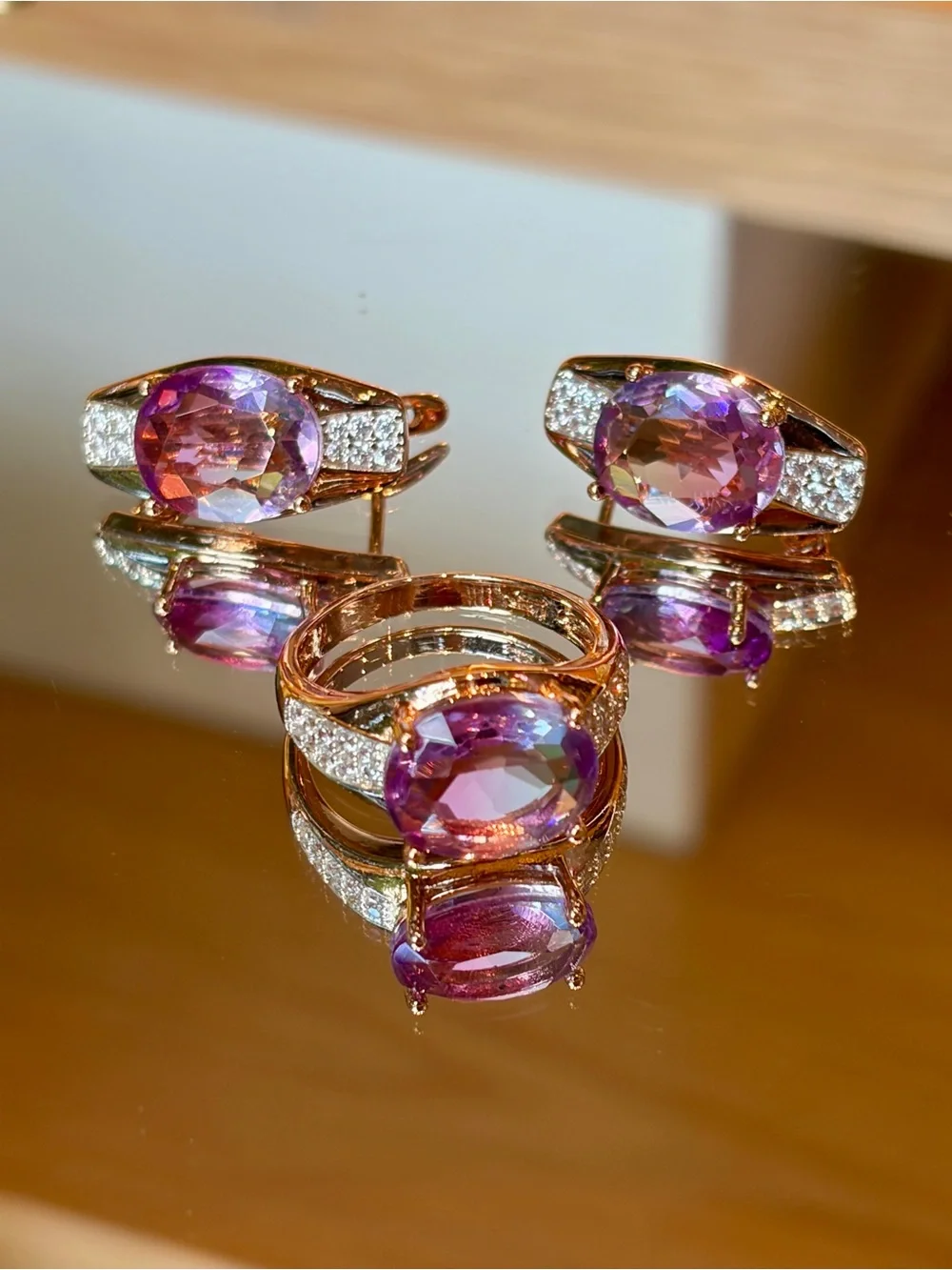 New Rose Gold Plated Pink Tourmaline-Inspired Gradient Jewelry Set ring in 7